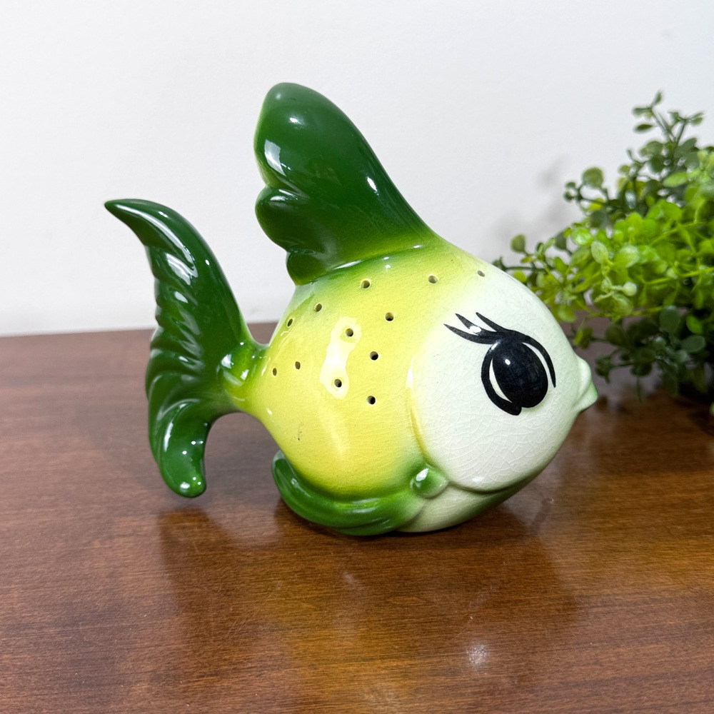 Vintage MCM Anthropomorphic Green Yellow Fish Appetizers Toothpick Holder 5"H